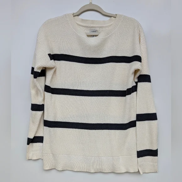 L.L.Bean Cotton Waffle Knit Sweater Cream Black Stripe – Women’s M - Picture 2 of 9